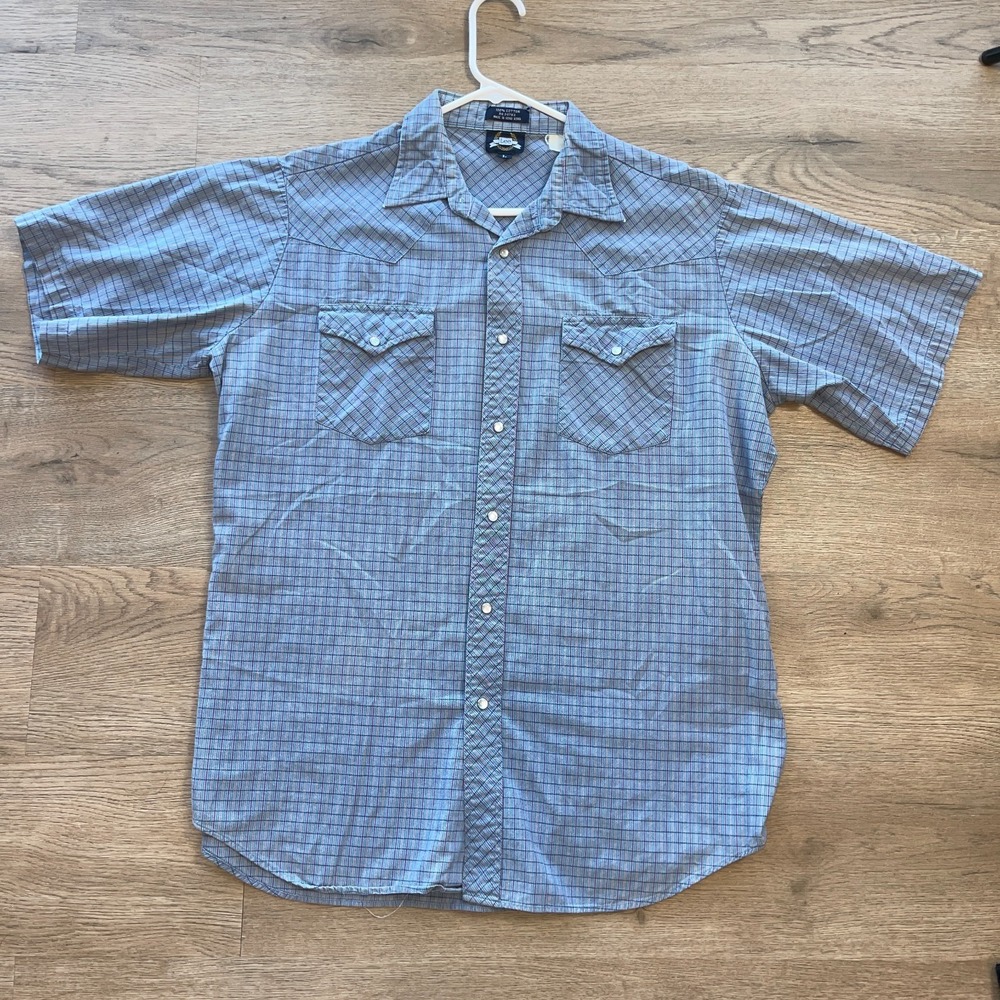 Vintage Lee Pearl Snap Western Shirt Mens L Short Sleeve Plaid Cowboy Blue